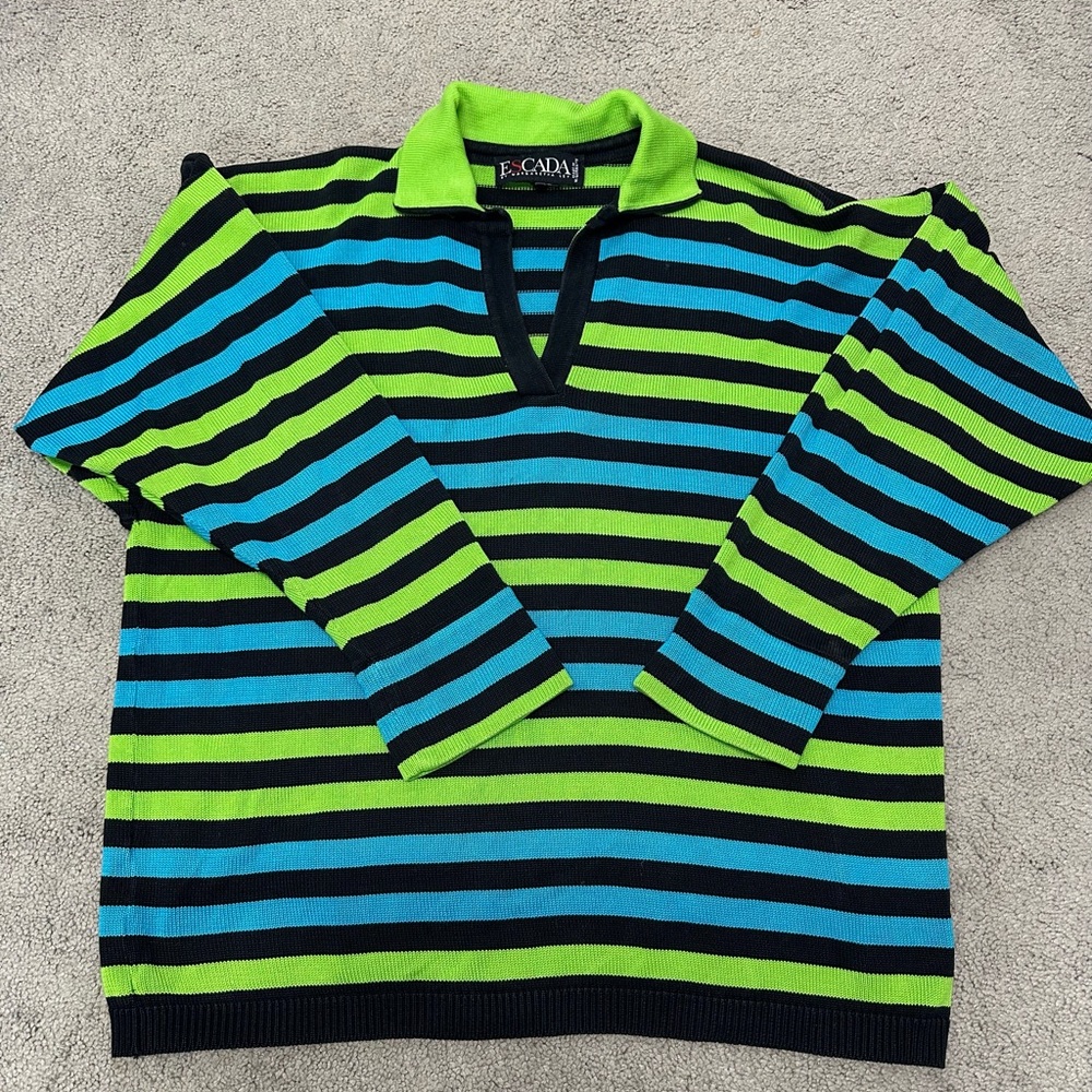 Escada vintage striped pullover Sweater - Black, Green, and Blue Stripes